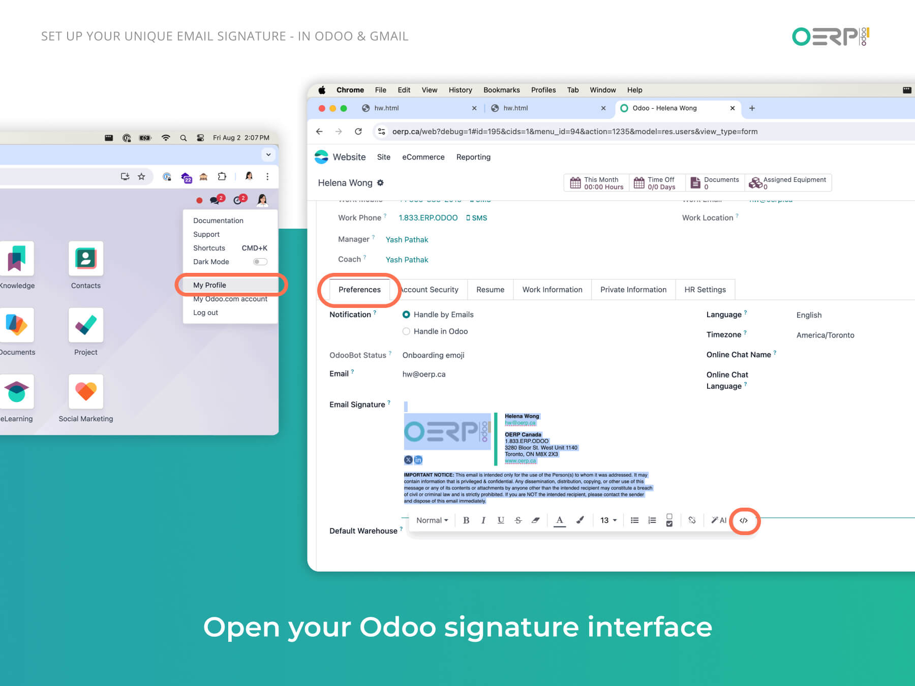 Step 3.1 Open Odoo's email signature code interface
