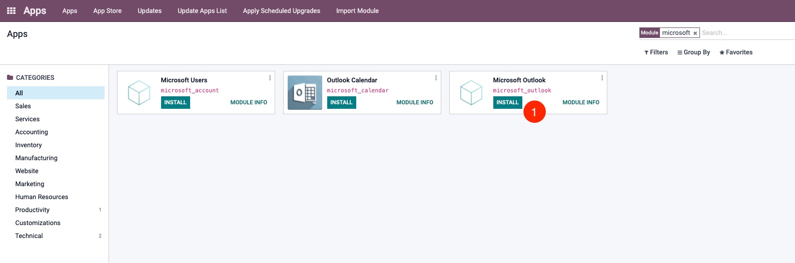 Finding the Microsoft Outlook app in Odoo versions <16