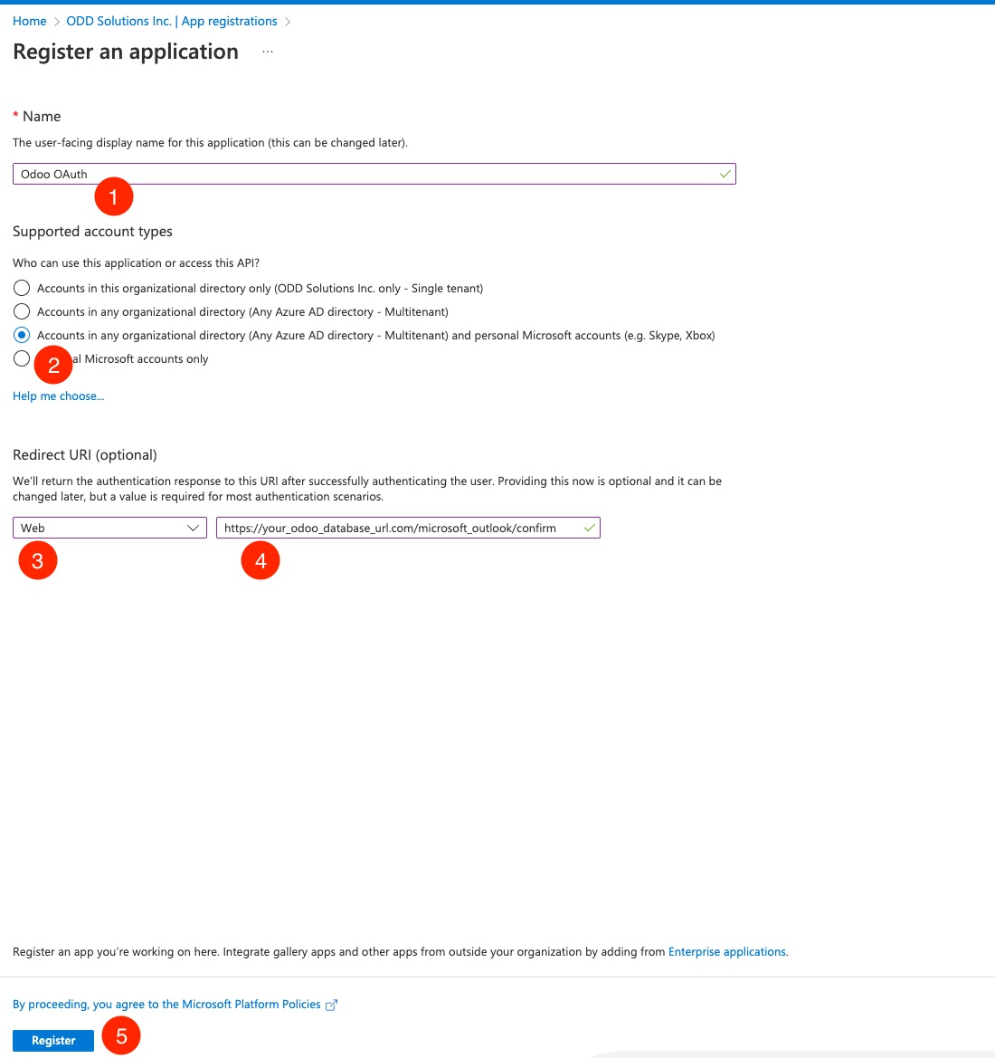 Azure app registration settings