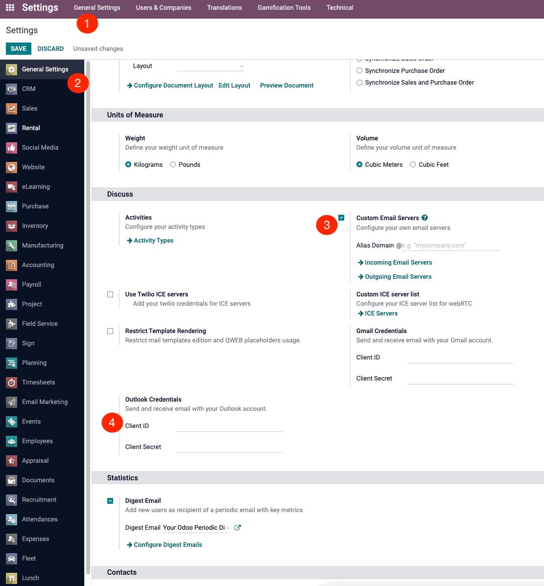 Configuring Outlook credentials in Odoo settings