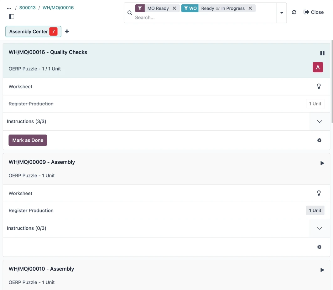 Shop floor tablet view in Odoo