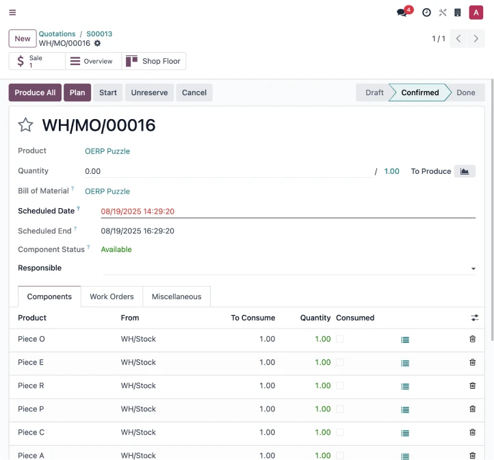 Manufacturing order interface in Odoo